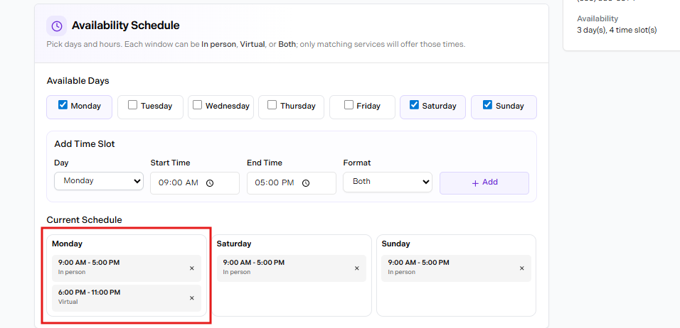 Setting different hours per day
